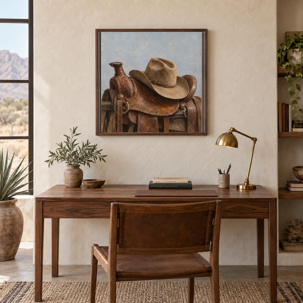 Cowboy Hat on Saddle painting framed in a quiet Western study