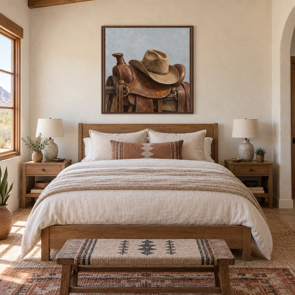 Cowboy Hat on Saddle painting framed in a guest bedroom