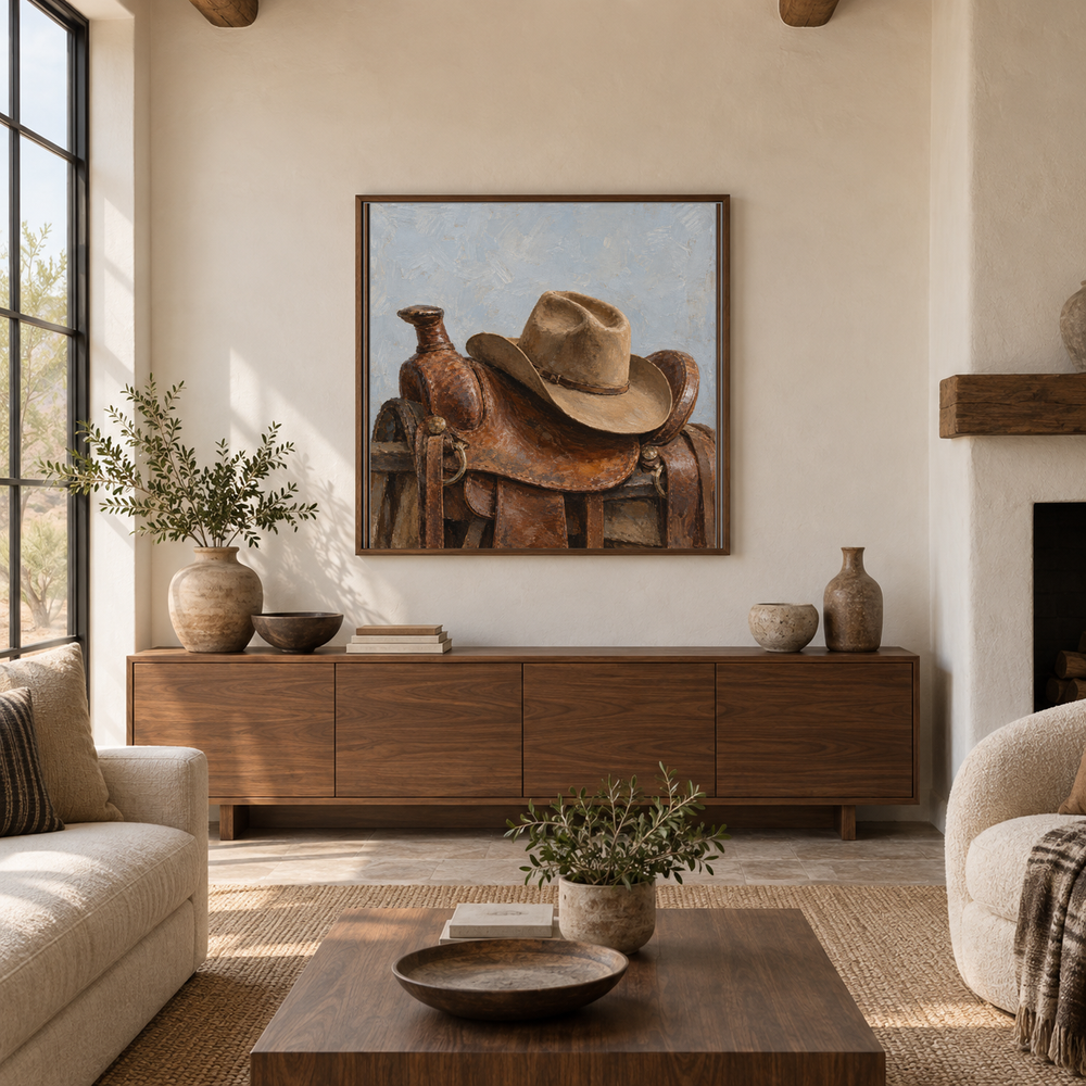 Cowboy Hat on Saddle painting framed in a Southwestern living room