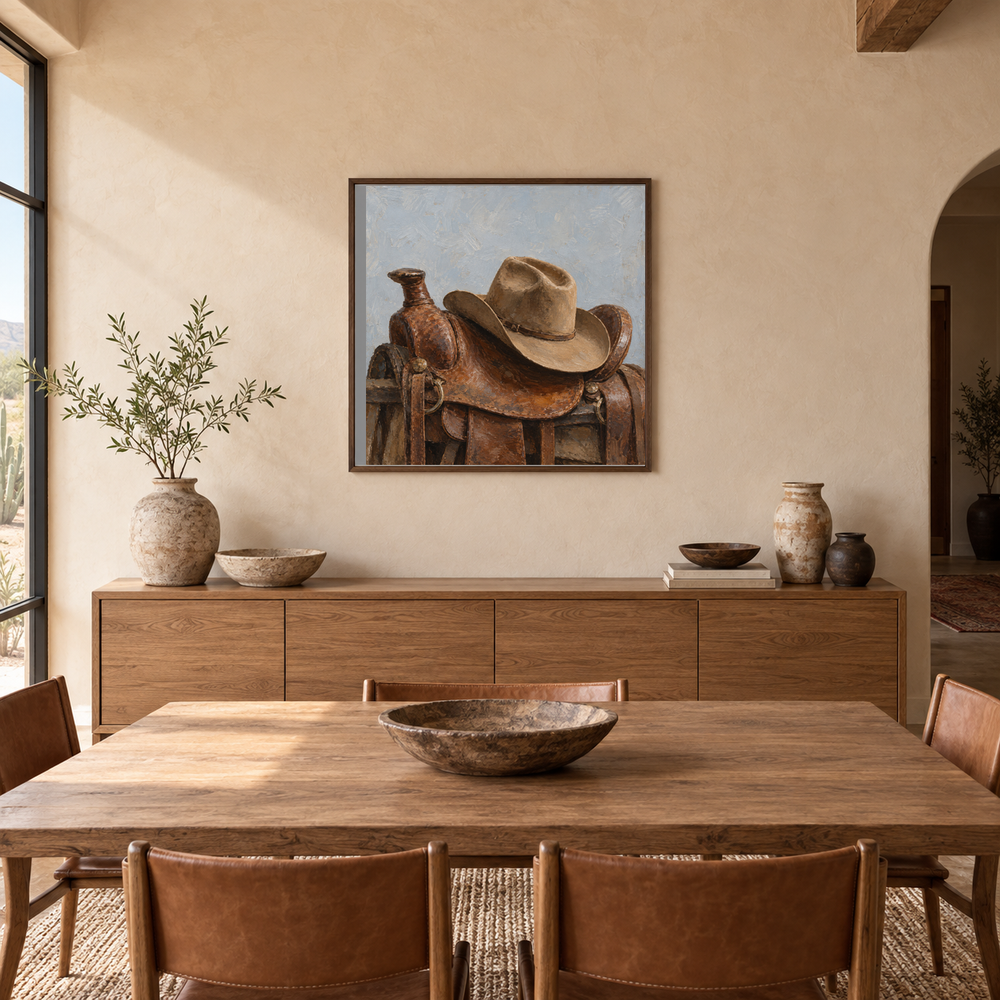 Cowboy Hat on Saddle painting framed in a adobe-inspired dining room