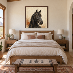 Black Horse Minimal Portrait painting framed in a guest bedroom