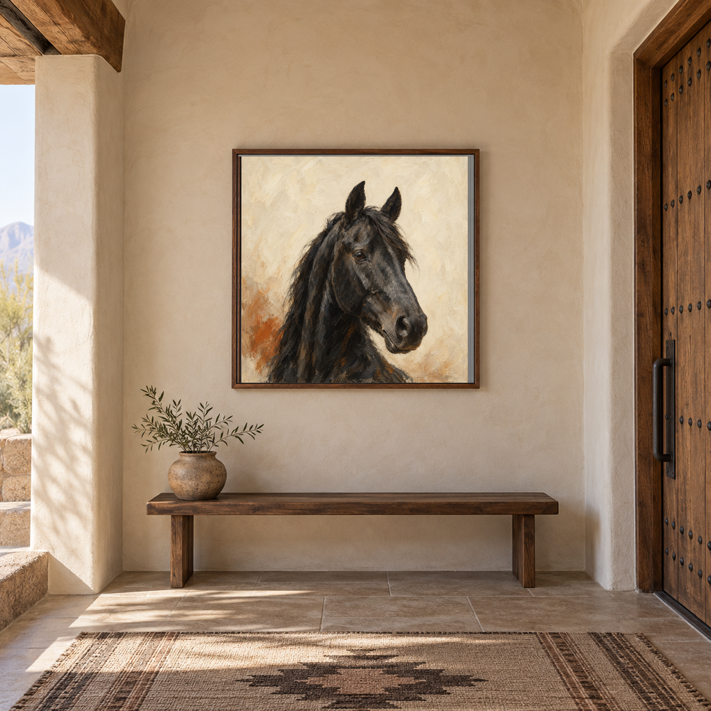 Black Horse Minimal Portrait painting framed in a Southwestern entry hall