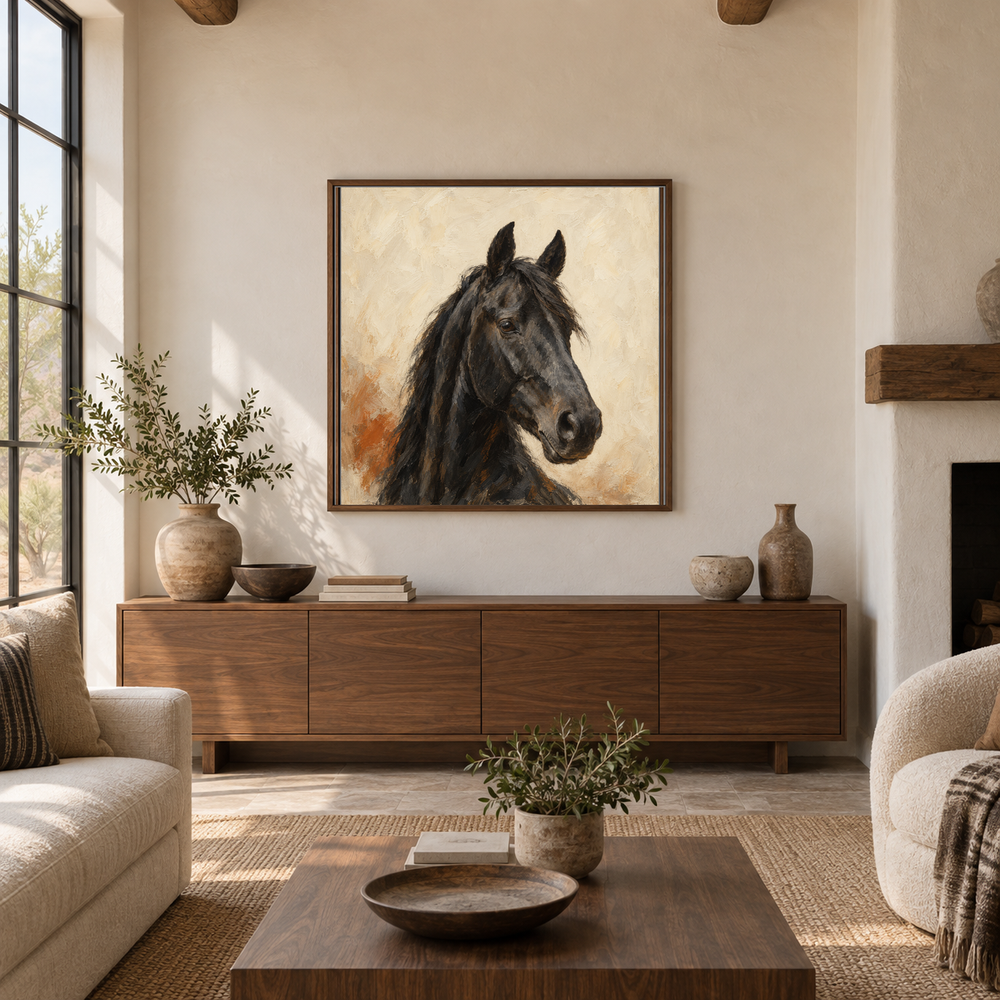 Black Horse Minimal Portrait painting framed in a Southwestern living room