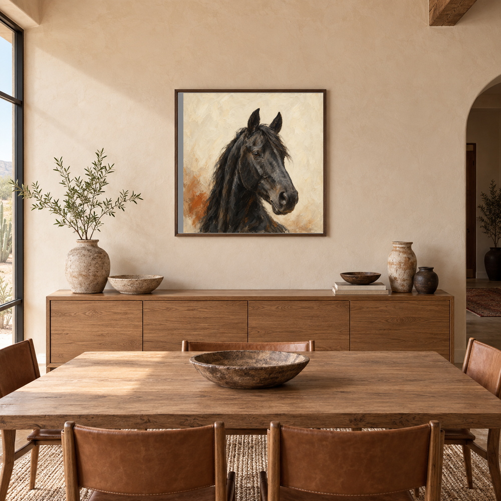 Black Horse Minimal Portrait painting framed in a adobe-inspired dining room