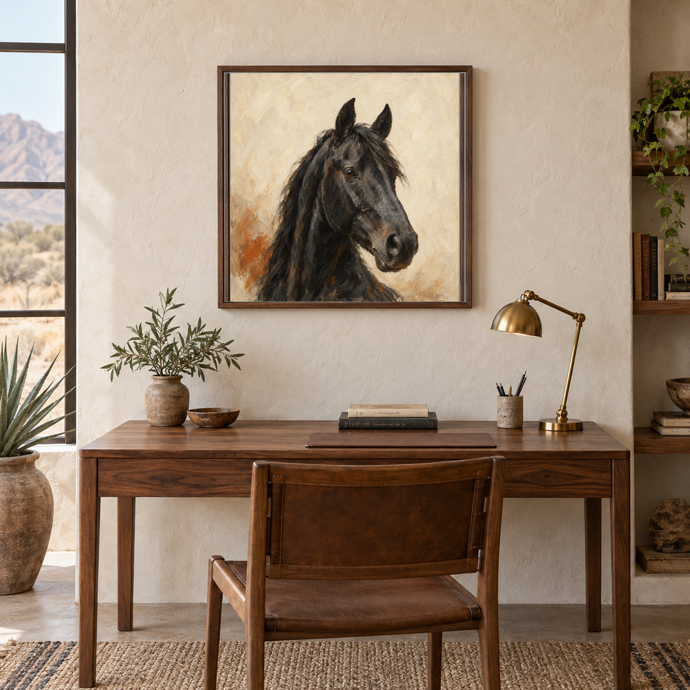 Black Horse Minimal Portrait painting framed in a quiet Western study