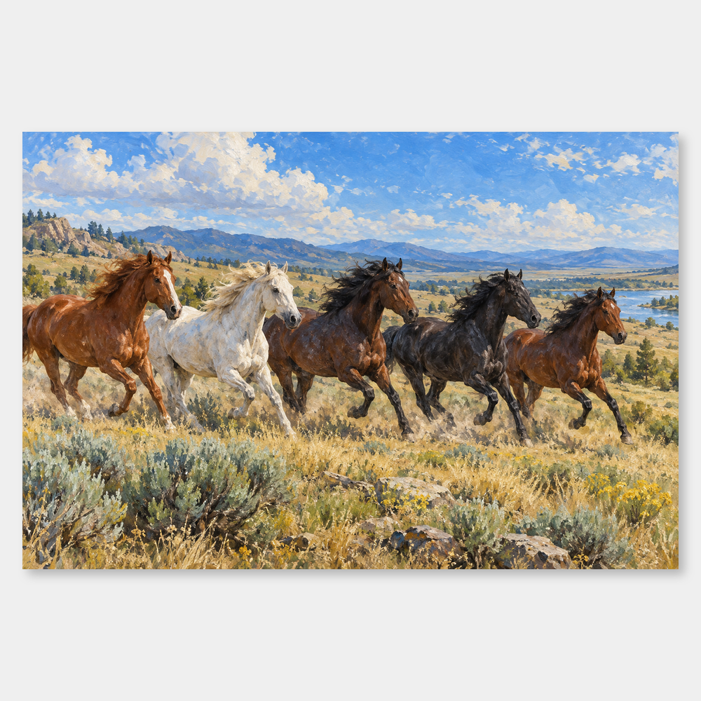 Herd Crossing the Open Range oil painting on a neutral gray background