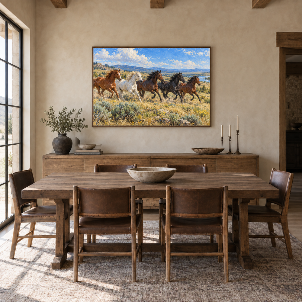 Herd Crossing the Open Range painting framed in a ranch dining room