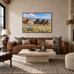 Herd Crossing the Open Range painting framed in a ranch living room