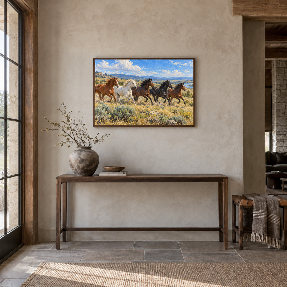 Herd Crossing the Open Range painting framed in a Western entryway