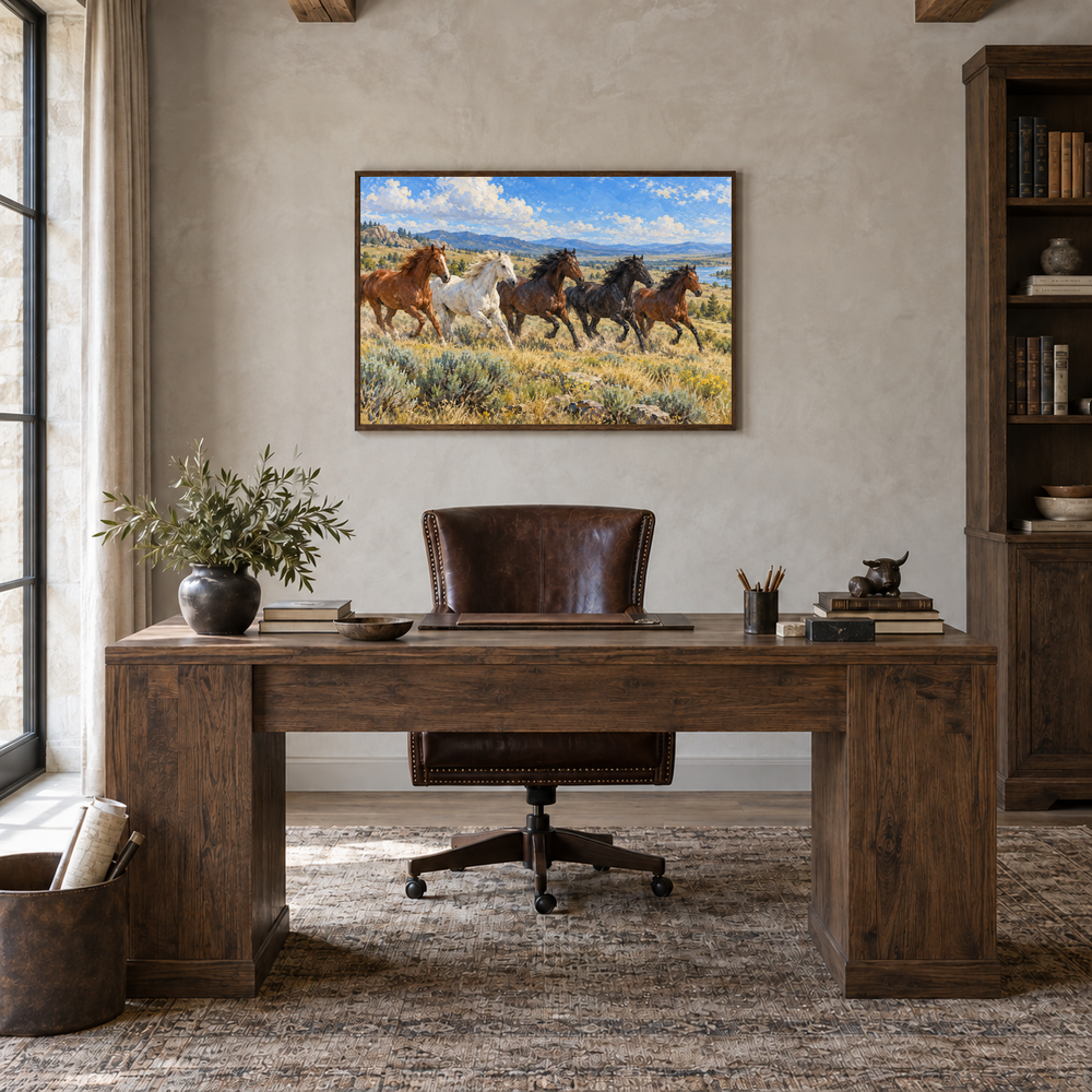 Herd Crossing the Open Range painting framed in a oak-furnished study
