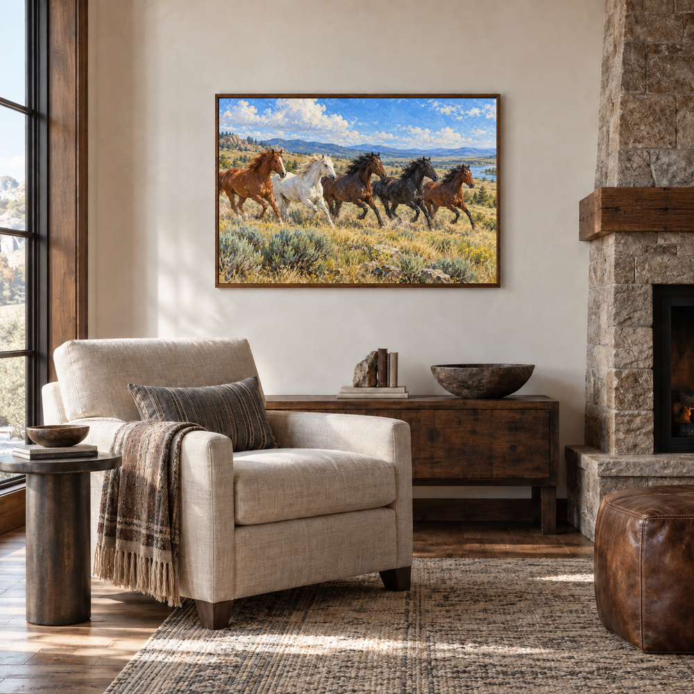 Herd Crossing the Open Range painting framed in a stone lodge reading room