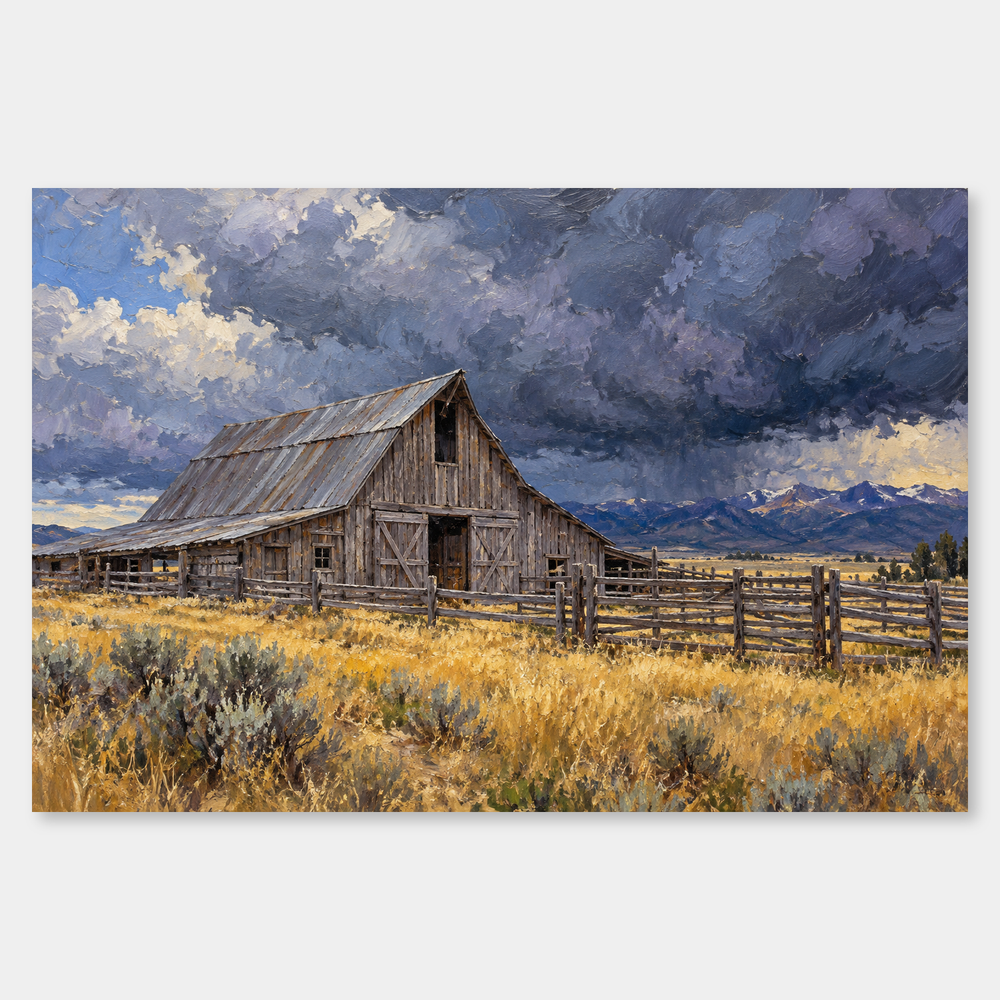 Barn Before the Storm oil painting on a neutral gray background