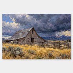 Barn Before the Storm oil painting on a neutral gray background