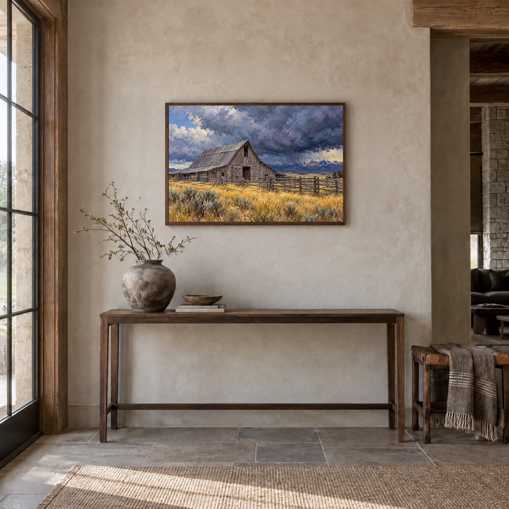 Barn Before the Storm painting framed in a Western entryway
