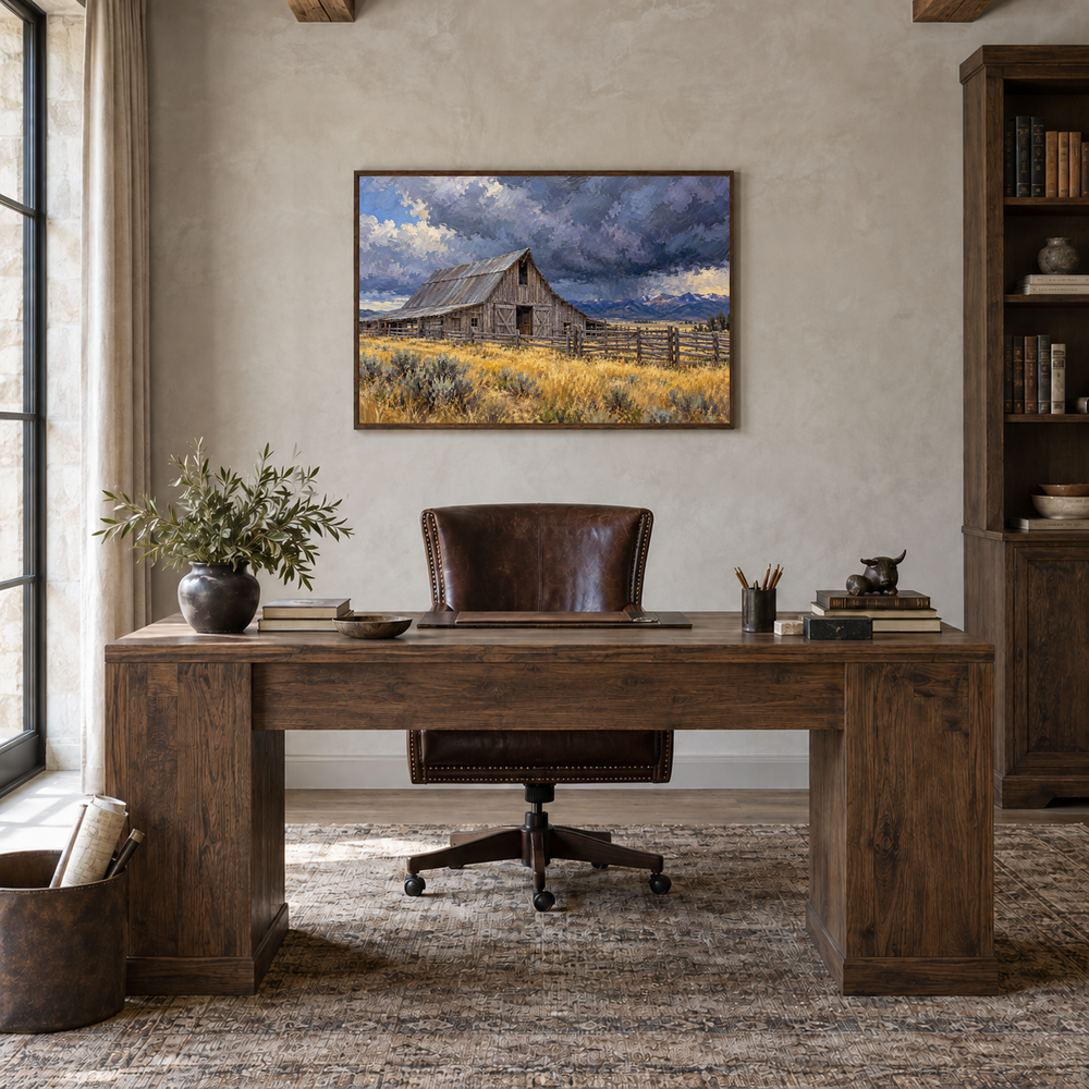 Barn Before the Storm painting framed in a oak-furnished study