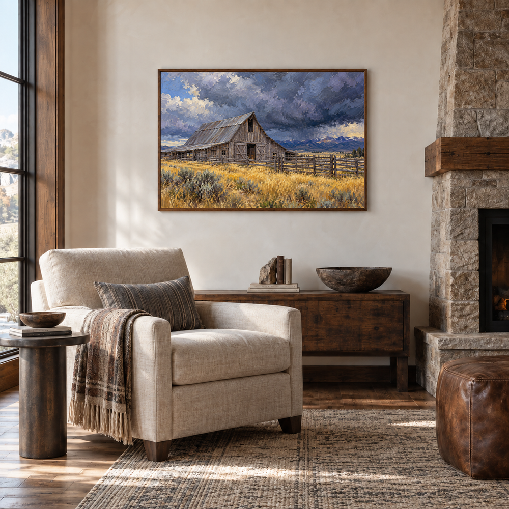 Barn Before the Storm painting framed in a stone lodge reading room