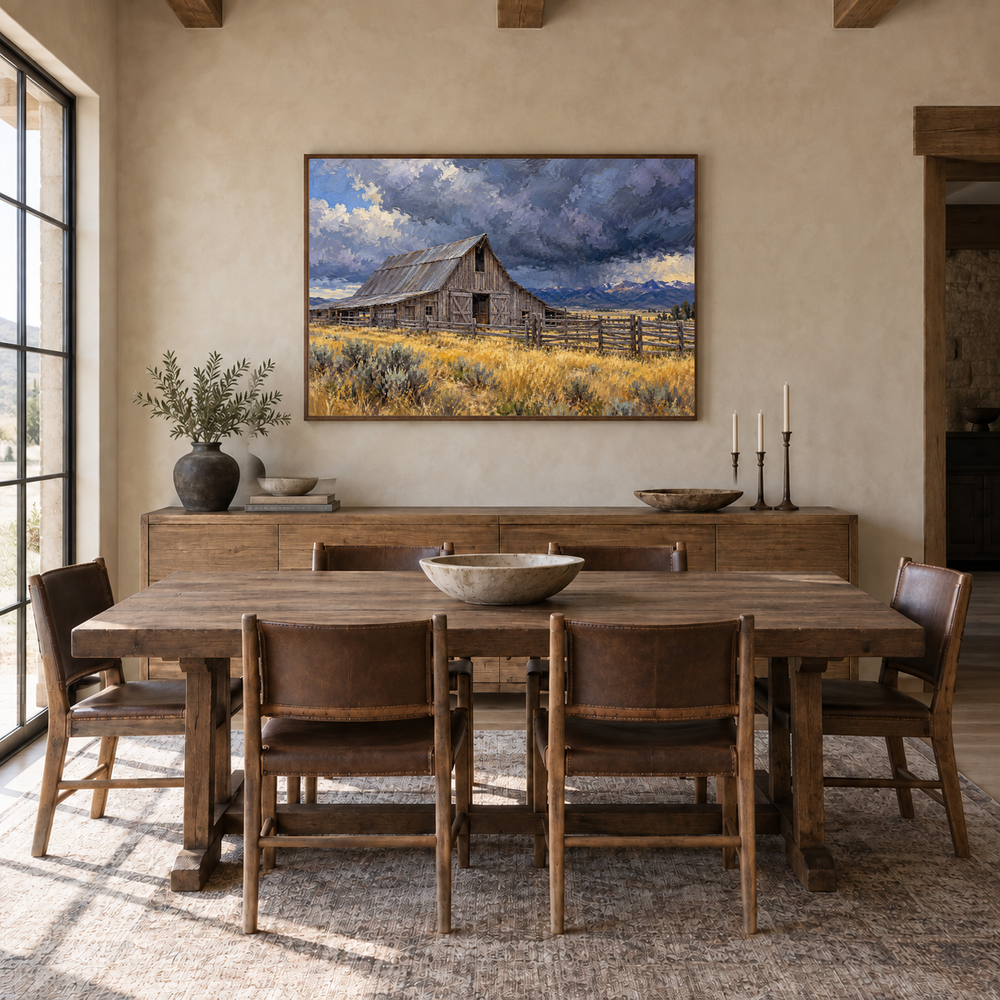 Barn Before the Storm painting framed in a ranch dining room