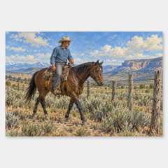 Working Cowboy & Horse oil painting on a neutral gray background