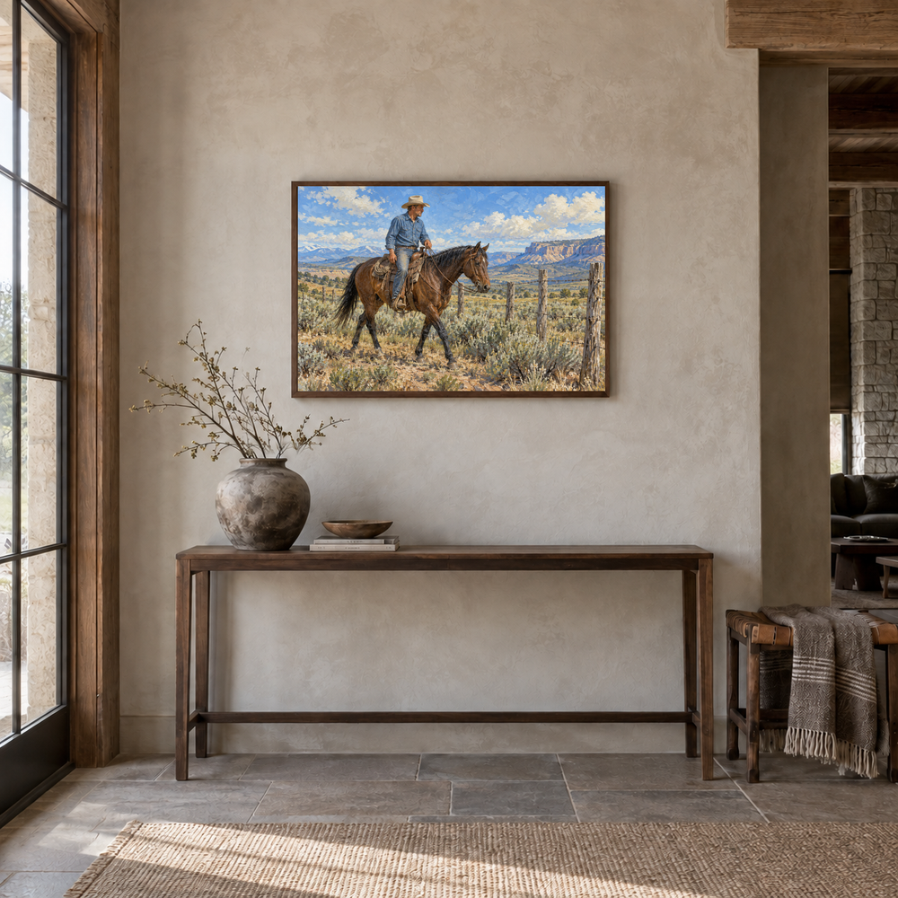 Working Cowboy & Horse painting framed in a Western entryway