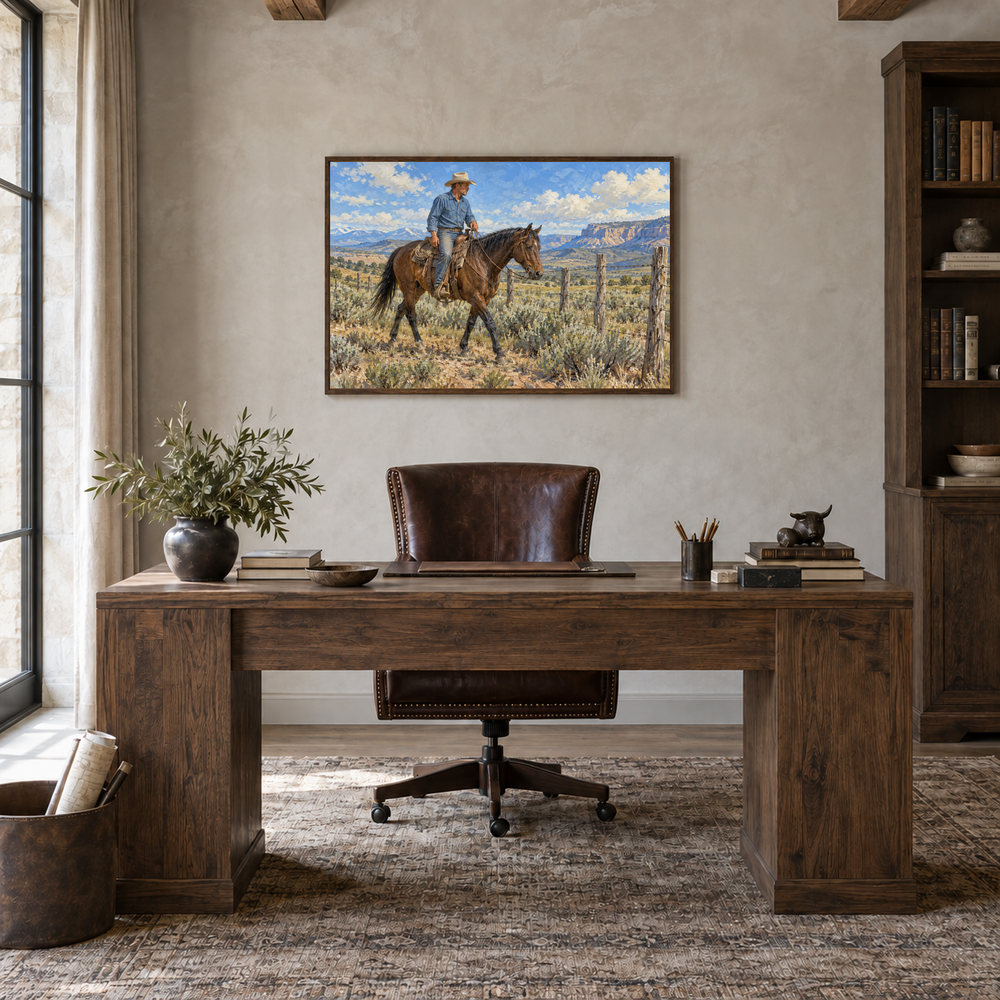 Working Cowboy & Horse painting framed in a oak-furnished study