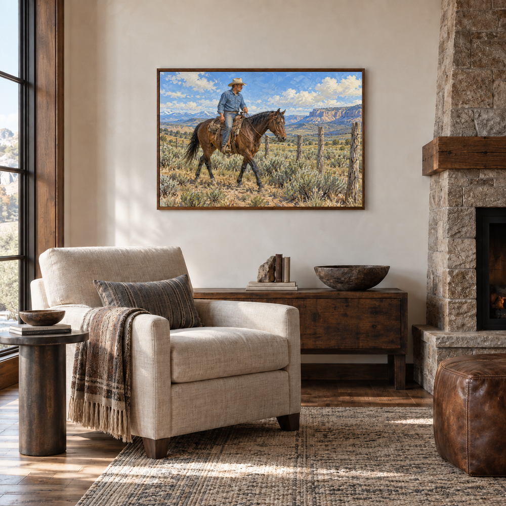 Working Cowboy & Horse painting framed in a stone lodge reading room