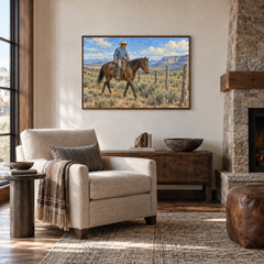 Working Cowboy & Horse painting framed in a stone lodge reading room