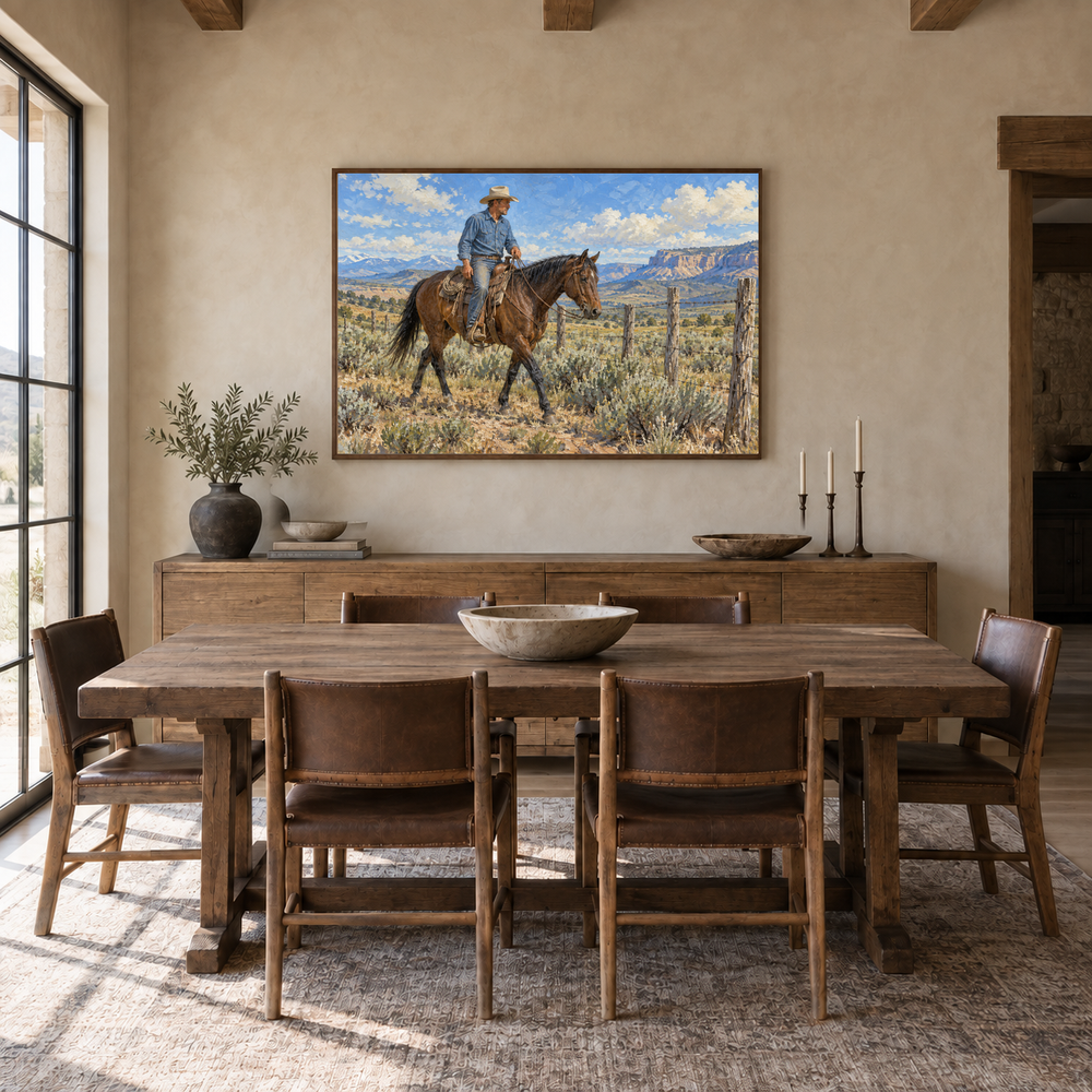 Working Cowboy & Horse painting framed in a ranch dining room