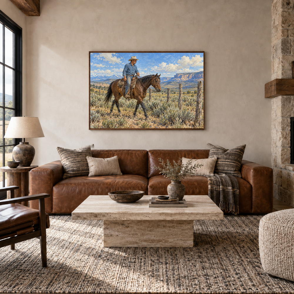 Working Cowboy & Horse painting framed in a ranch living room
