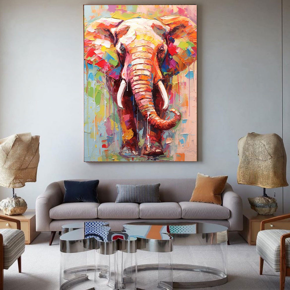 Modern Animal Oil Painting Impressionist Colorful Elephant Oil Painting Textured Canvas Wall Art Framed Living Room Decor