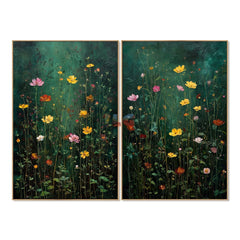 Emerald Field Serenade – Dark Botanical Floral Wall Art Set hand-painted wall art