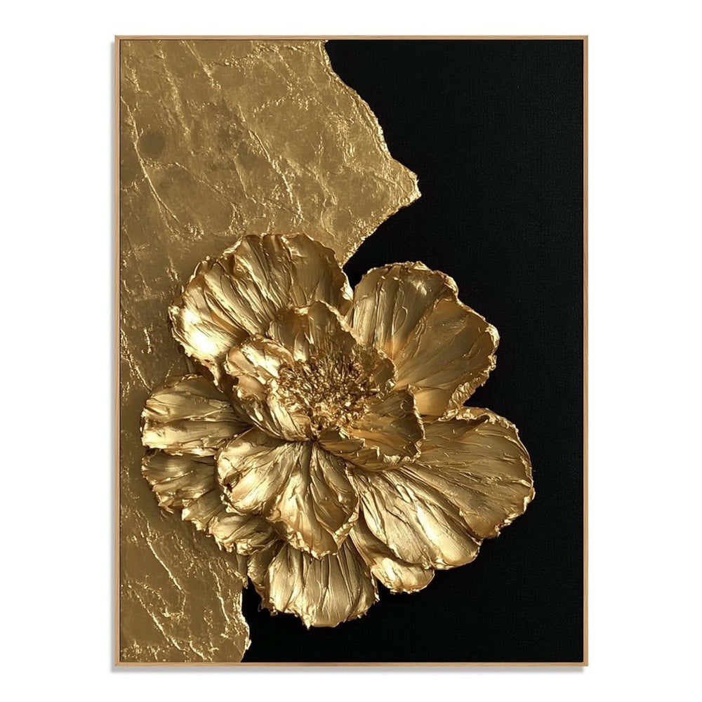 Sculpted Gold Flower – Luxury Black Gold Floral Wall Art hand-painted wall art