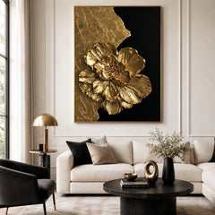 Sculpted Gold Flower – Luxury Black Gold Floral Wall Art