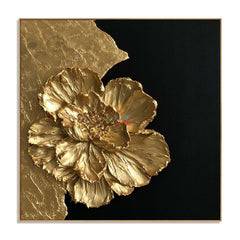 Radiant Gold Flower – Luxury Black Gold Textured Wall Art hand-painted wall art