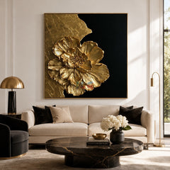 Radiant Gold Flower – Luxury Black Gold Textured Wall Art