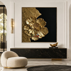 Radiant Gold Flower – Luxury Black Gold Textured Wall Art