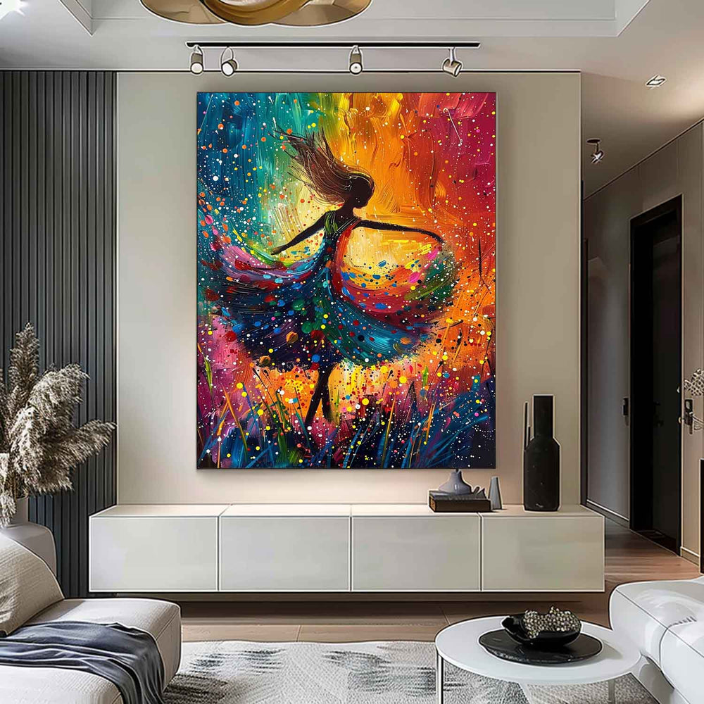 Large Multicolor Portrait Painting Framed Original Exquisite Dancing Girl Wall Art Abstract Colorful Artwork
