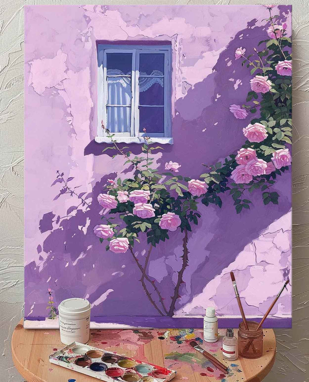 Flowers And Purple Building Acrylic Painting Canvas Large Textured Art Original Floral Painting Home Decor